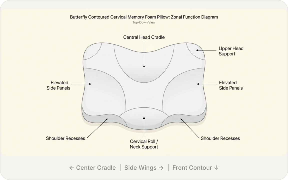 Diagram showing the Derila Ergo contour zones for center cradle, side wings, and front contour
